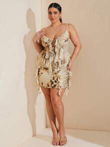 SHEIN BAE 大码女款杏色豹纹碎花迷你裙、迷你裙、女款复活节裙子、毕业典礼、女款性感俱乐部、女款春季、夏季、节日之夜、女款生日、婚礼、女款度假、音乐会、奶油黄