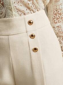 Anewsta Quần xếp ly cạp cao cho nữ có khóa kim loại, trang phục công sở giản dị, phong cách quý tộc - Màu be - Xem 1