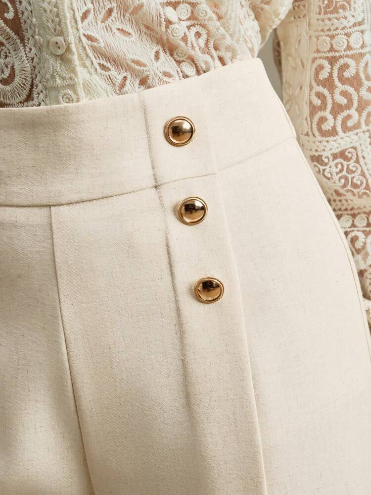 ウィメンズ ハイウエスト プリーツパンツ メタリックバックル装飾、ビジネスカジュアル、オールドマネースタイル