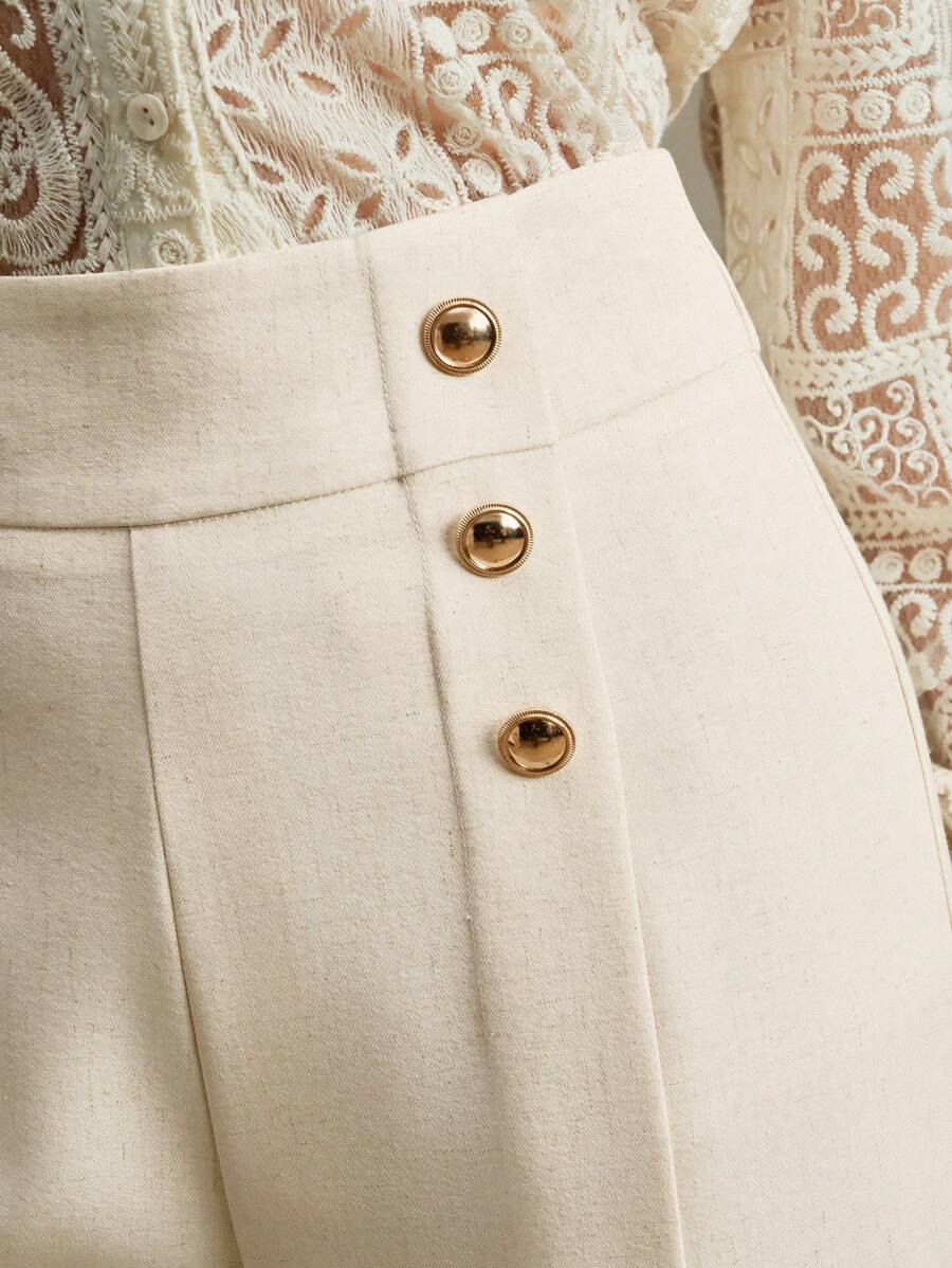 Anewsta Quần xếp ly cạp cao cho nữ có khóa kim loại, trang phục công sở giản dị, phong cách quý tộc - Màu be - Xem 1