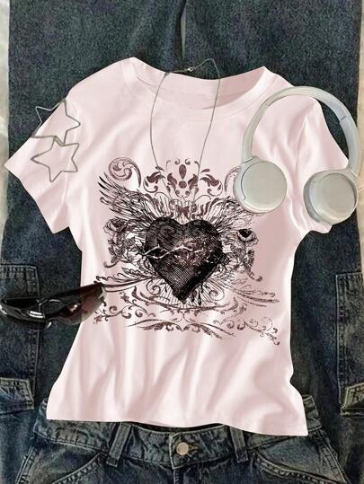 Sparklyn Tween Girls Heart Print Crew Neck Short Sleeve Casual T-Shirt Summer Holiday