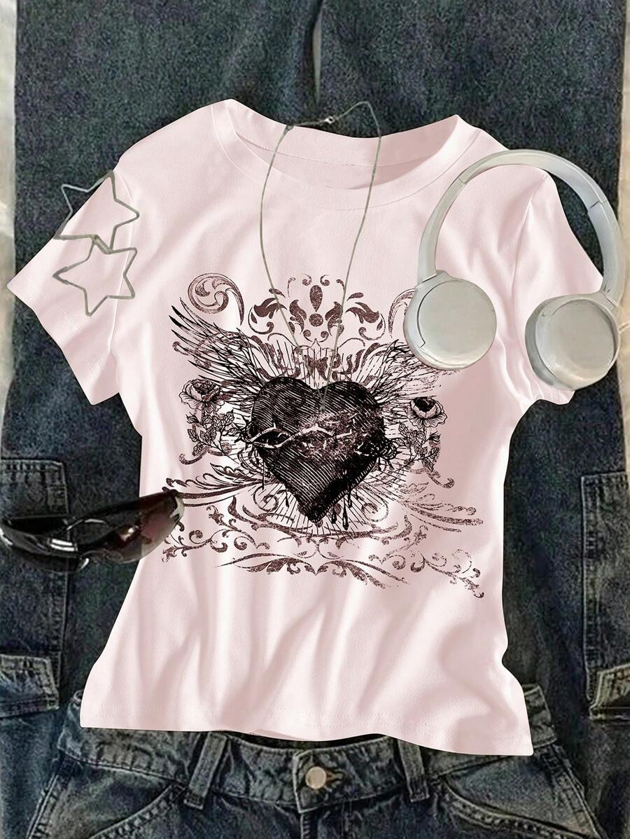 Sparklyn Tween Girls Heart Print Crew Neck Short Sleeve Casual T-Shirt Summer Holiday - Baby Pink - View 1