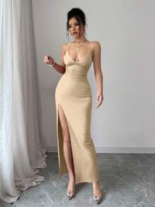 Arcane Artistry Women's Elegant Sexy High Split Ruffle Strap Dress, Red - Apricot - View 7