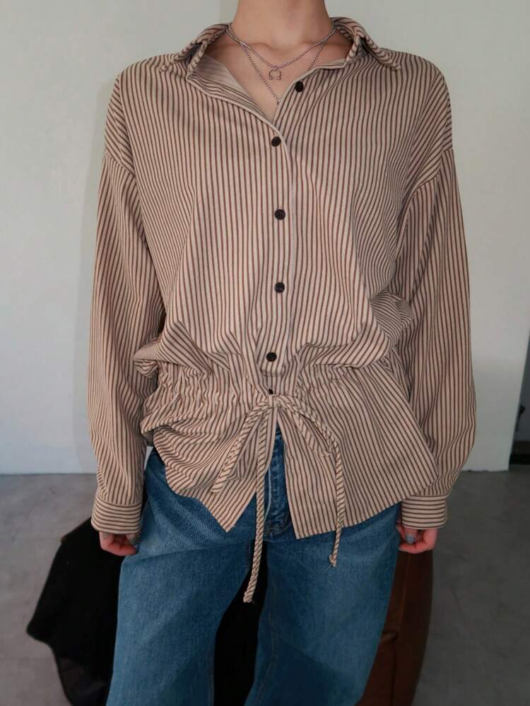 Women Oversized Striped Turn Down Collar Drawstring Long Sleeve Casual Blouse, Spring/Autumn