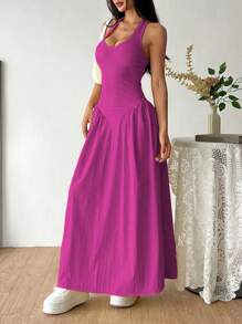 Deep V-Neck Halter Dress With Pleats At The Waist - Apricot - View 5