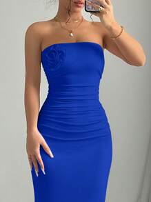 Elenzga 女士优雅高端外出、通勤、派对粉色露肩褶皱 3D 花卉修身开衩连衣裙新年服装长款女装 - 寶藍色 - 查看 6