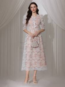 Modelyn Vestido elegante con cuello redondo, lazo frontal y decoración de encaje, de moda para primavera/verano