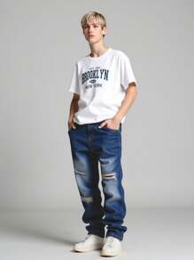 2 Pieces Set Teen Boy Casual Solid Color T-Shirt And Distressed Denim Jeans, Spring/Summer