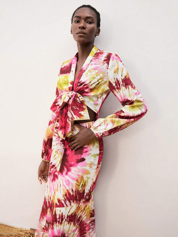 SHEIN Maija Women's Red Tie-Dye Tropical Print Blouse, Elegant Sexy Simplistic Front Tied Long Sleeve Bohemian Style Summer Top