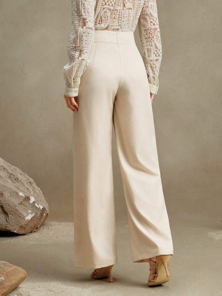 ウィメンズ ハイウエスト プリーツパンツ メタリックバックル装飾、ビジネスカジュアル、オールドマネースタイル