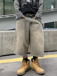 PAVTROS 男士休闲水洗阔腿牛仔短裤 - 銅色 - 查看 1