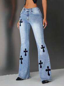 SHEIN ICON Women's Cross Pattern Fringed Flared Casual Jeans - Blue - View 1