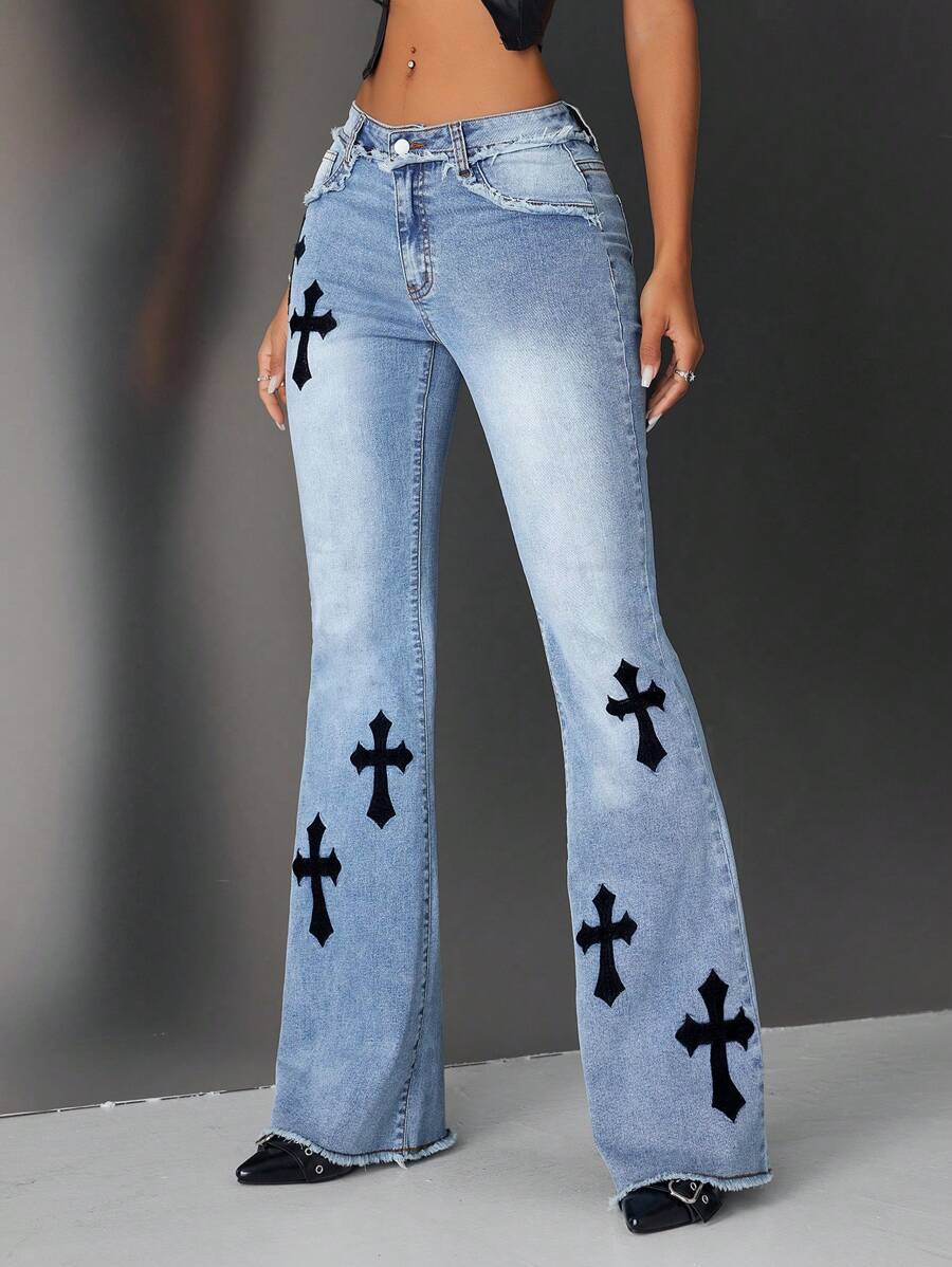 SHEIN ICON Women's Cross Pattern Fringed Flared Casual Jeans - Blue - View 1