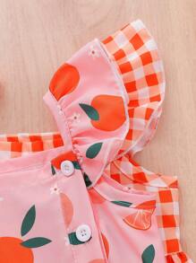 SHEIN 2pcs/Set Baby Girl Plaid And Floral Print Cap Sleeve Button Down Dress, Cute Summer Vacation