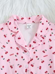 2pcs/Set Young Girl Cherry Pink Fabric Short Sleeve Top & Casual Shorts Pajamas Pj Set Young Girls Clothing Sets Summer Clothes - Pink - View 7