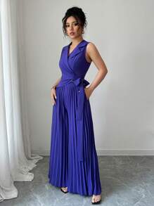 Gloray 2pcs/Set Suit Collar Sleeveless Tie V-Neck Top With High Waist Pleated Pants