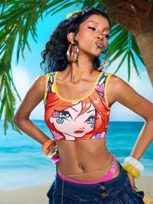 Winx Club X ROMWE Top corto de verano con gráfico de figura para mujer - Multicolor - Ver 6