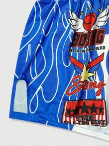 ROMWE MEN Prep Shorts de Boxe Casuais Soltos com Cintura Elástica e Estampa de Slogan Masculino - Azul - Visão 5