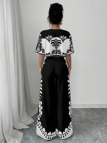 Rafferiza 女士两件套花卉印花休闲套装，宽松短袖 T 恤和阔腿裤，春夏 - 黑色 - 查看 2