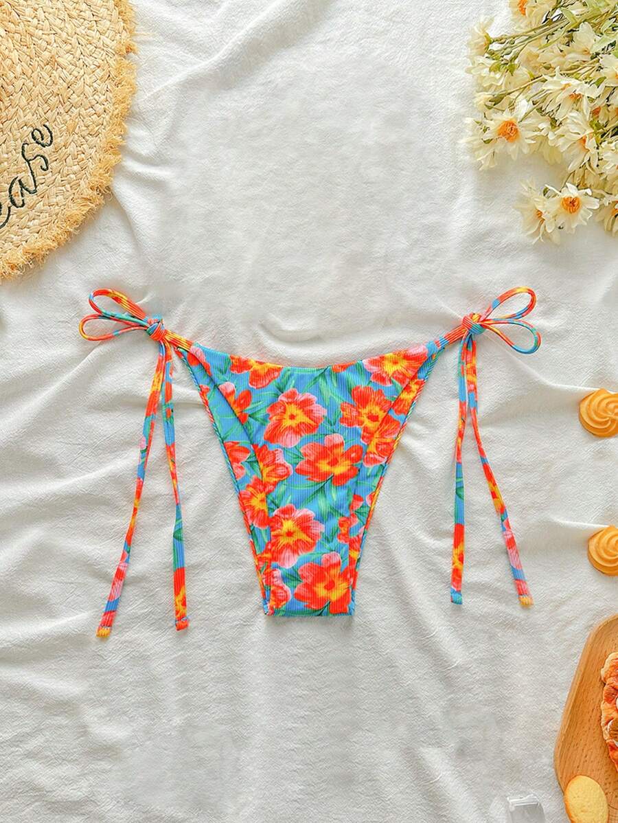 Swim Mod Random Floral & Ribbed Print Tie Sides Beach Vacation Bottom Swimwear For Summer - Multicolor - View 1