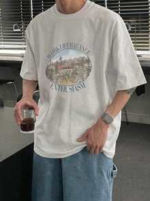 DAZY Mountain Scenery & Letter Print Grey T-Shirt For Men, Summer - Grey - View 1