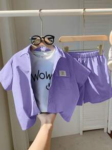 SHEIN 3 件套年轻男孩韩版宽松字母拼布衬衫、编织短裤和针织笑脸印花背心，适合春夏日常、运动、郊游、校园、派对、度假、拍照 - 紫色 - 查看 4