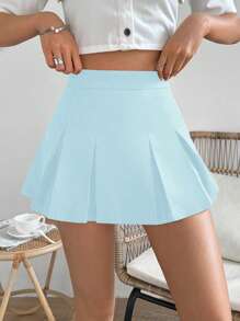 Chiquease 夏季休闲纯色高腰百褶迷你裙