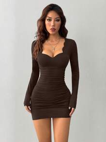 INAWLY Women Elegant Sexy Wave Collar Ruched Long Sleeve Mini Dress, Autumn/Winter Fall Cloth For Women - Brown - View 4