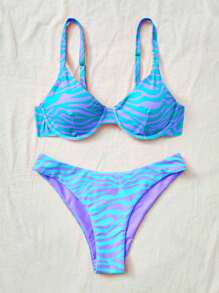 Swim Mod Zebra Print Bikini 2 Pieces Swimwear, Beach Holiday For Summer Beach Vacation - Mint Blue - View 1
