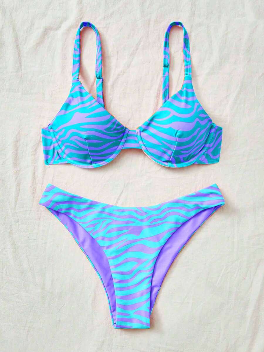 Swim Mod Zebra Print Bikini 2 Pieces Swimwear, Beach Holiday For Summer Beach Vacation - Mint Blue - View 1