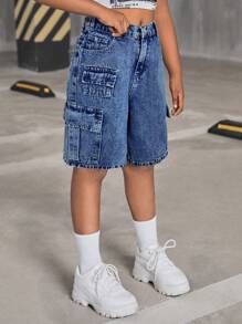 SHEIN SLAYR KIDS 青少年女孩 Y2K 时尚石洗高腰翻盖口袋宽松牛仔工装短裤，青少年女孩返校秋季服装 - 中等水洗藍 - 查看 4