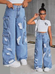 SHEIN Tween Girl Y2K Ripped Flap Pocket Side Cargo Straight Leg Jeans, Girls Fall Back To School Streetwear - Light Wash - View 1