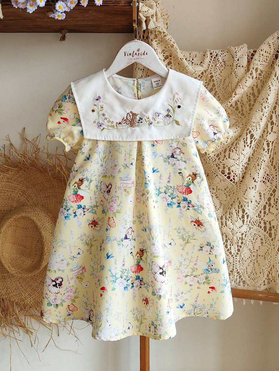 Vintaside Kids 年轻女孩花卉刺绣泡泡袖可爱兔子装饰迷你连衣裙 - 黃色 - 查看 1
