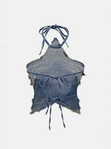 ROMWE Grunge Punk Punk Distressed Vintage Five-Pointed Star Patch Washed Denim Shirt, Outdoor Adventure - Blue - View 2