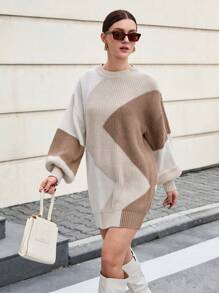 SHEIN Cottnline كنزة صوفية بأكمام طويلة ذات رقبة دائرية بنمط هندسي متعدد الألوان - متعدد الألوان - مشاهدة 1