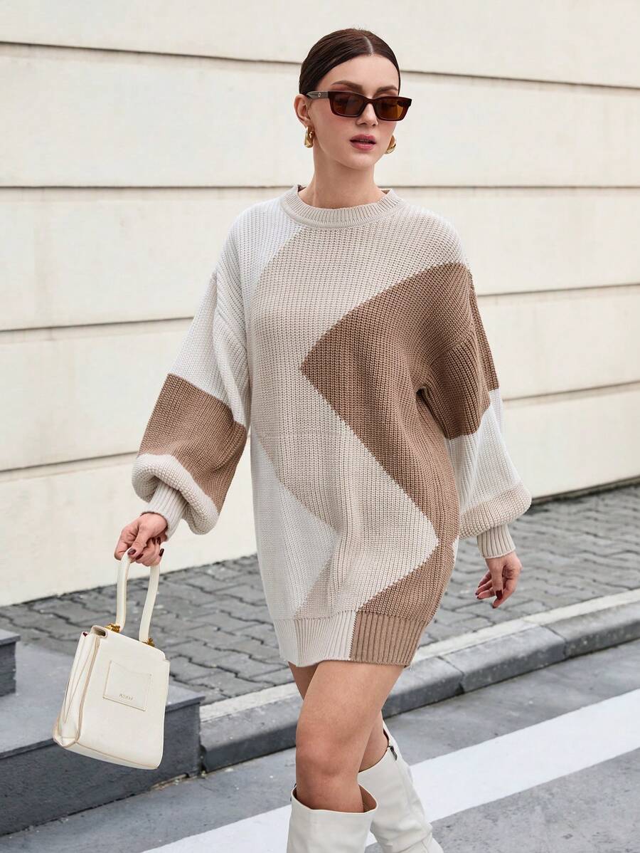 SHEIN Cottnline كنزة صوفية بأكمام طويلة ذات رقبة دائرية بنمط هندسي متعدد الألوان - متعدد الألوان - مشاهدة 1