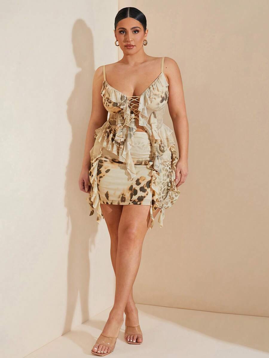 SHEIN BAE 大码女款杏色豹纹碎花迷你裙、迷你裙、女款复活节裙子、毕业典礼、女款性感俱乐部、女款春季、夏季、节日之夜、女款生日、婚礼、女款度假、音乐会、奶油黄