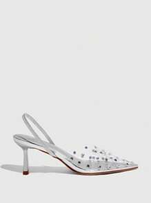 SHEIN X Belle Mariano CUCCOO SZL Bailarinas de tacón bajo con punta puntiaguda, decoradas con cristales, diseño hueco, en color plateado, adecuadas para ir al trabajo, citas, fiestas, bodas y vacaciones