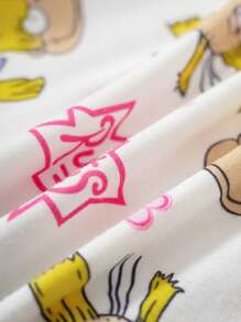 Nick 90s | SHEIN Young Girl Cartoon Floral & Letter Graphic Pink & White Casual Comfortable Tight Fitting Short Sleeve T-Shirt & Shorts Pajama Set - White - View 6