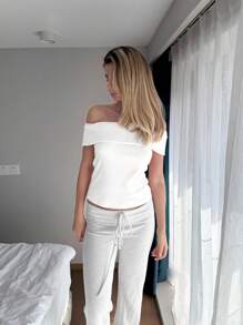 SHEIN EZwear Áo thun bó sát hở vai màu trắng đơn giản dành cho nữ, mùa hè - trắng - Xem 4