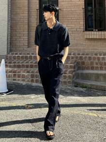 DAZY Men's Line Pattern Jacquard Knit Pullover, Navy Blue, Summer Business Attire - Navy Blue - View 5