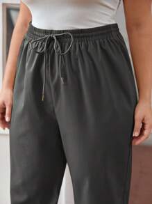 SHEIN PETITE CURVE 加大码抽绳腰裤，慢跑裤，宽松版型 - 灰色 - 查看 4