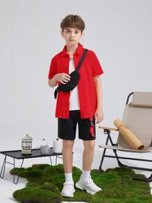 SHEIN 青少年男孩 3 件套：休闲舒适衬衫 + 短裤 + 背心 - 紅色 - 查看 3