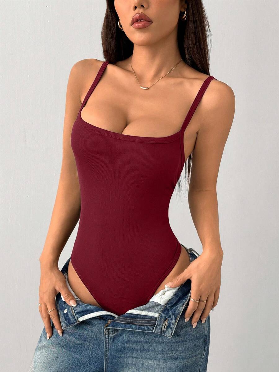 SHEIN PETITE Bộ đồ liền thân bó sát có dây đeo co giãn cao dành cho nữ - Màu Đỏ Sâu - Xem 1