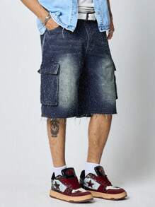 ROMWE MEN Casual سروال قصير من الجينز عريض الساق للرجال مبهت المظهر - الأسود - مشاهدة 4