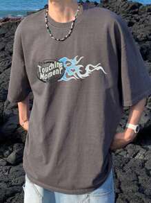 DAZY Men's Grey Letter Print T-Shirt, Summer,Graphic Tees