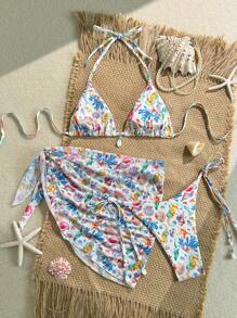 Swim Mod 3-Piece Random Watercolor Stripe Textured Fabric Shell Charm Triangle Top, Side Tie Bottoms And Mesh Sarong, Summer Vacation Bikini Set