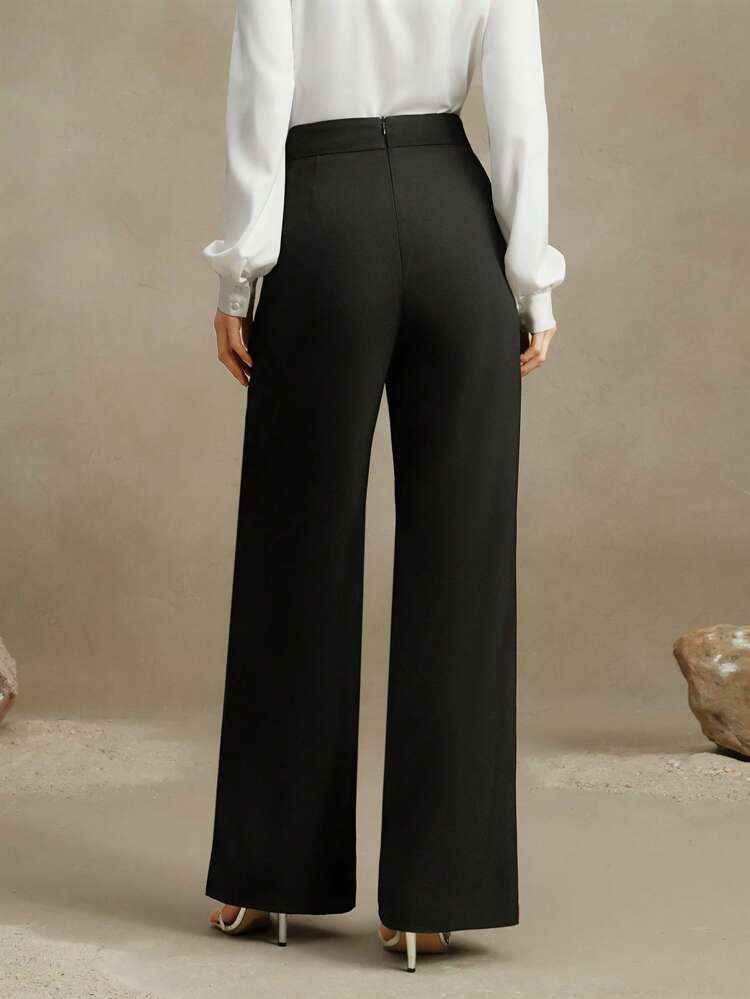 Anewsta Elaire Modern Elegant Silver Button Accent High Waist Casual Office Stretch Black Pants For Women