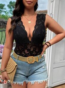 Celure 大码女式优雅性感蕾丝紧身衣，妖妇纯洁，修身，蕾丝拼接，镂空，短袖性感时尚修身独特时尚镂空低领