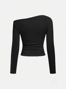 Sparklyn Tween Girl Oblique Shoulder Cinched Waist Cropped Knit Long Sleeve T-Shirt, Teen Casual And Stylish Tee - Black - View 2